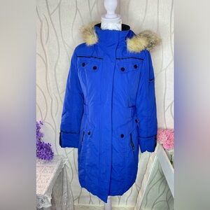🌹 M Collection 🌹 Royal Blue Hooded Coat w/ Beige Faux Fur Trim